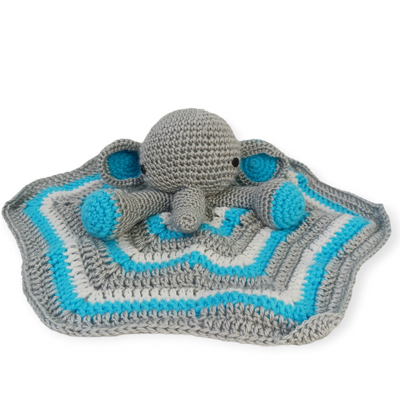 Hand Crochet Elephant Lovey for Baby-Child Gray White Turquoise - Picture 2 of 6